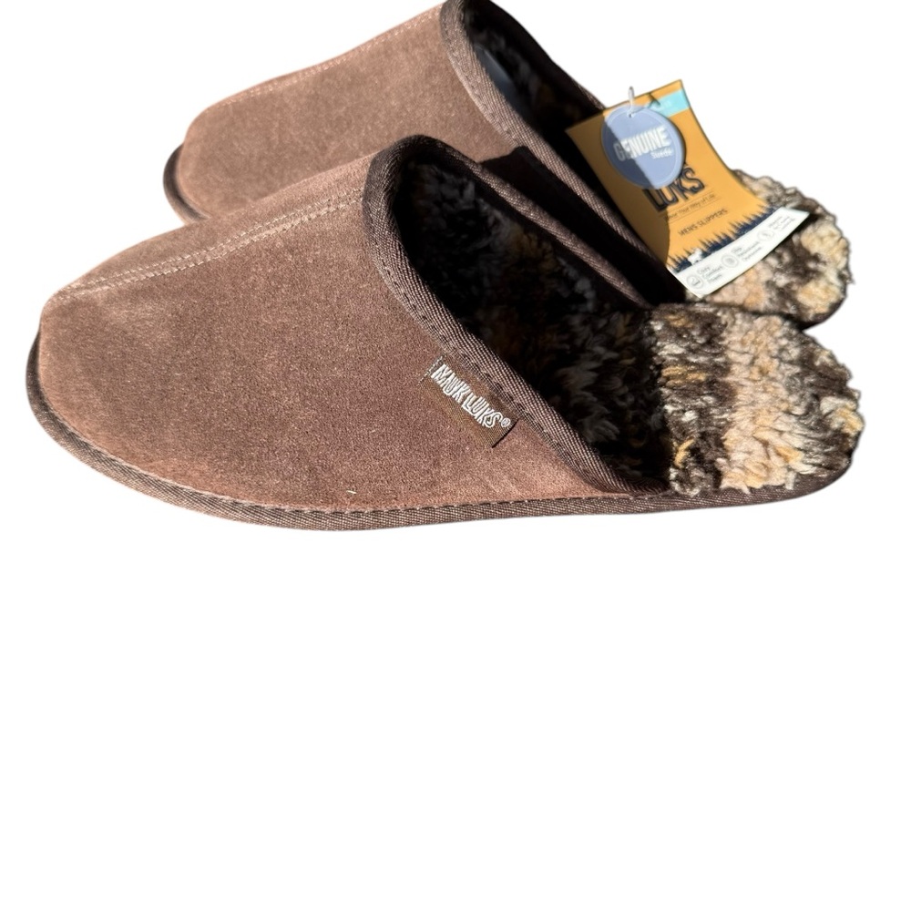 MUK LUKS MEN’S CHOCOLATE SLIPPERS SIZE 11 FAUX FUR LINING NEW WITH TAGS - Picture 3 of 9